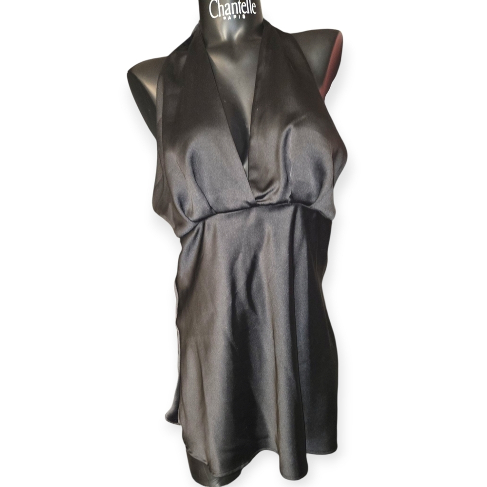 Zara Dress Sleek Black Satin Halter Top Mini Dress.